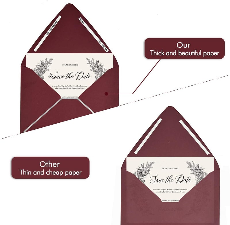AZAZA A7 Burgundy Envelopes 5 x 7 With Silver Border - V flap, Quick Self Seal, | Perfect for 5x7 Cards, Weddings, Invitations, Graduation, Baby Shower | 5.25" x 7.25" | 50 Pack (Burgundy-Silver Border) - Image 5